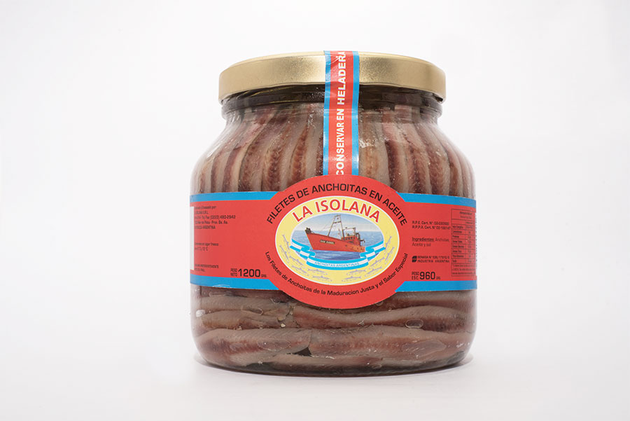 Filetes de Anchoitas con Piel en Aceite Vegetal de Girasol, Frasco de Vidrio de 1200 grs.