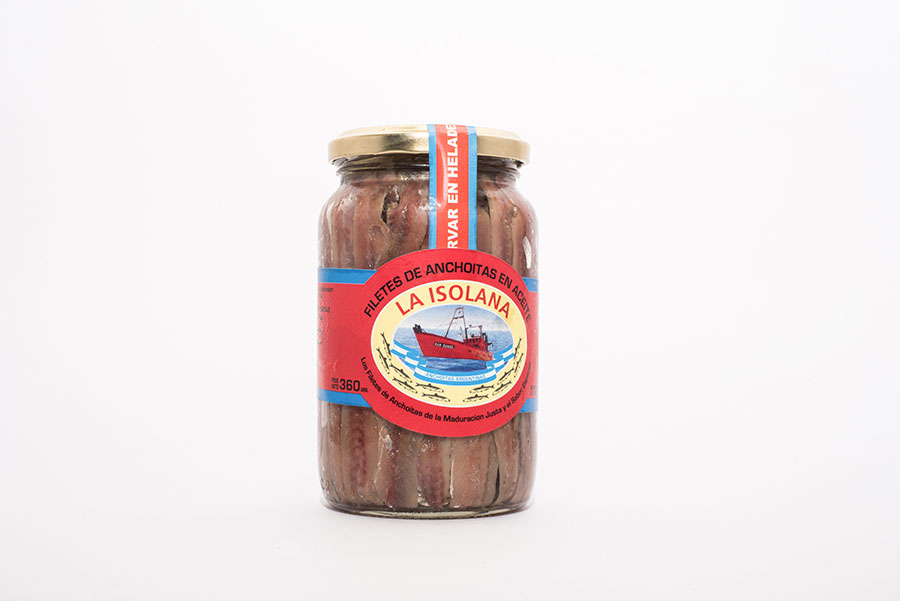Filetes de Anchoitas con Piel en Aceite Vegetal de Girasol, Frasco de Vidrio de 360 grs.