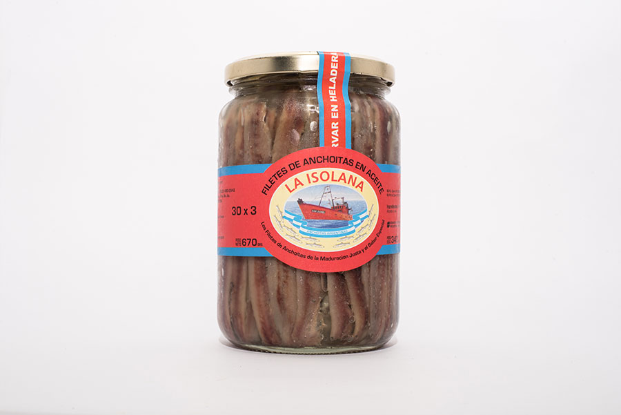 Filetes de Anchoitas con Piel en Aceite Vegetal de Girasol, Frasco de Vidrio de 670 grs.