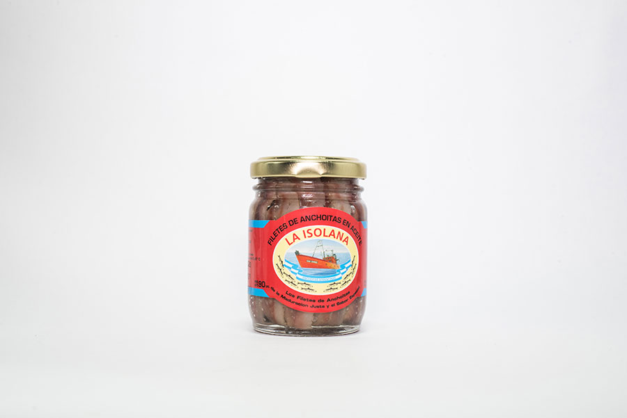 Filetes de Anchoitas con Piel en Aceite Vegetal de Girasol, Frasco de Vidrio de 90 grs.